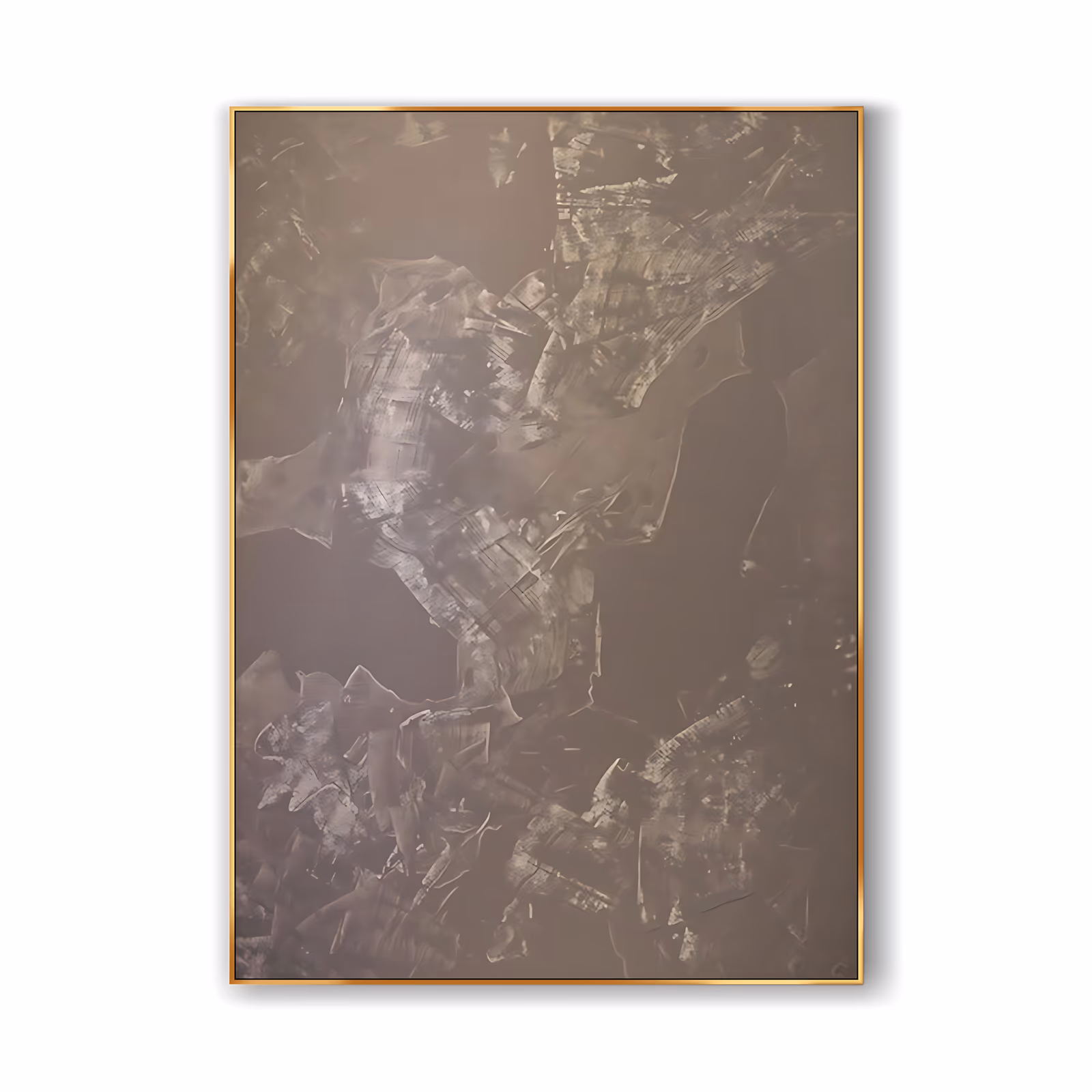 a large vertical wabi-sabi painting of a deep taupe brown field broken by pale scraped patches that drift down the center like torn paper, edges frayed and worn, in dry-brushed and knife-scraped acrylic