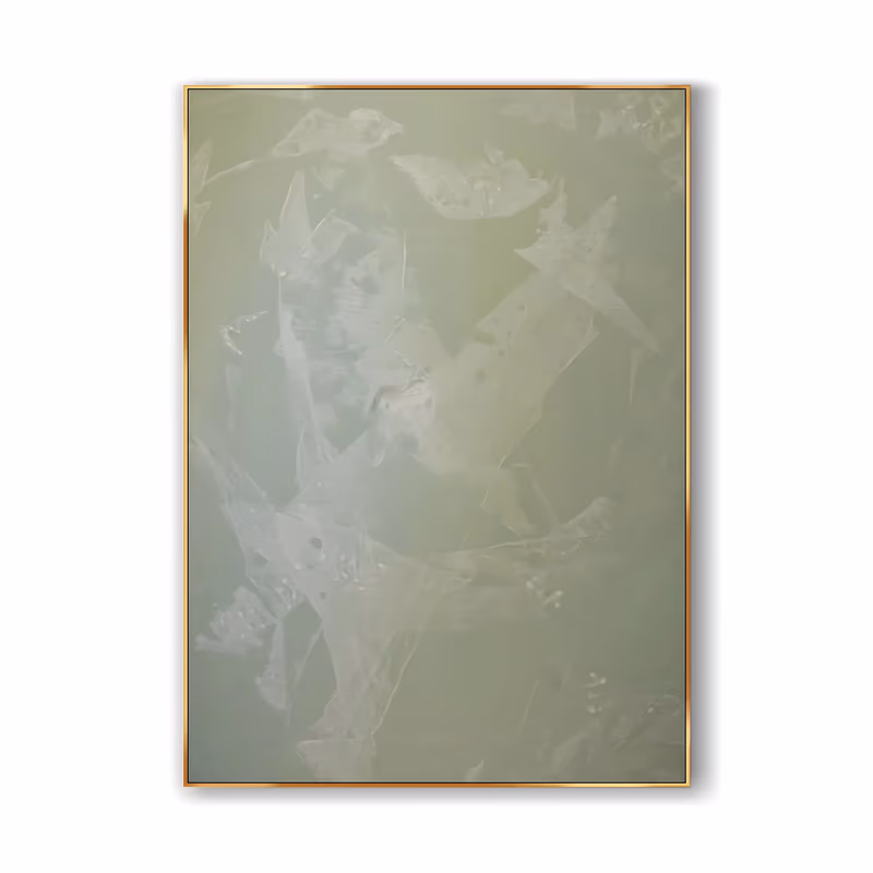 a large vertical minimalist color field painting in soft sage green, with faint pale scraped and dragged marks drifting through the center and a warmer ivory glow near the top, in thin dry-brushed paint