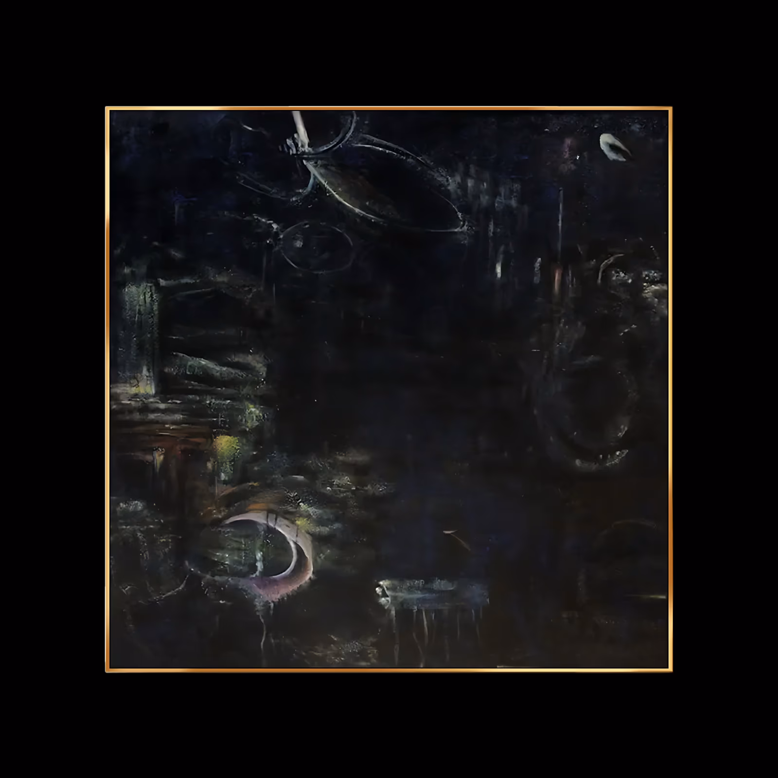 a large square abstract painting of a near-black night field with faint pale ovals floating in the upper half and dull violet and red embers low down, in thin matte oil glazes