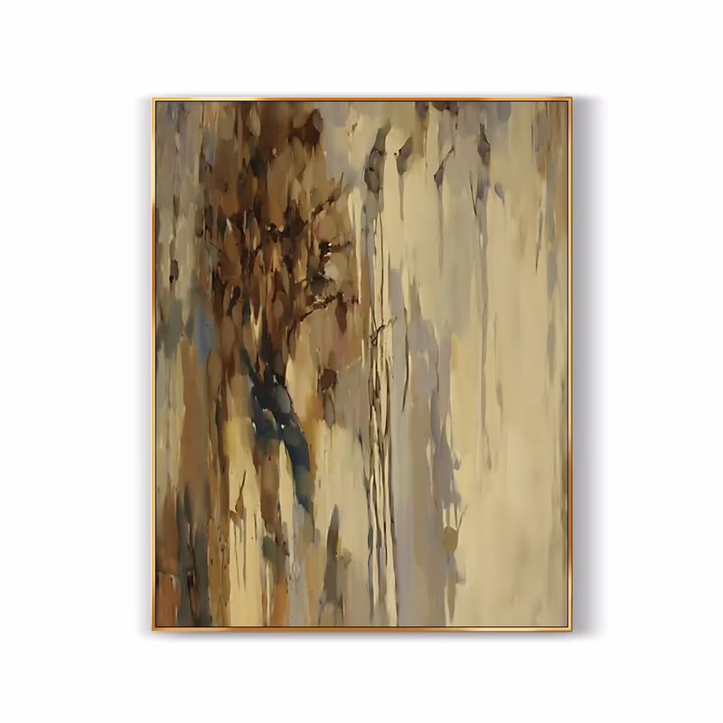 a large vertical abstract painting of a brown tree canopy at the upper left dissolving into long golden drips over a cream and gray field, with small slate blue marks below, in thin washed oil
