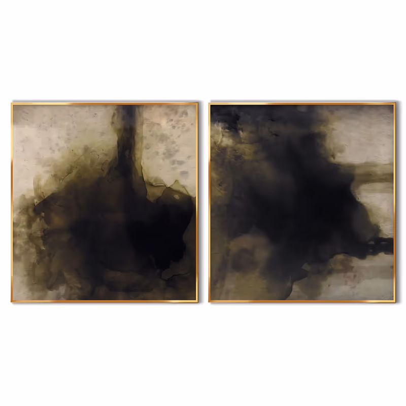 a set of two square wabi-sabi paintings, each holding a smoky black and olive ink cloud that spreads from the lower half over a stained beige and grey ground, in soft washed acrylic