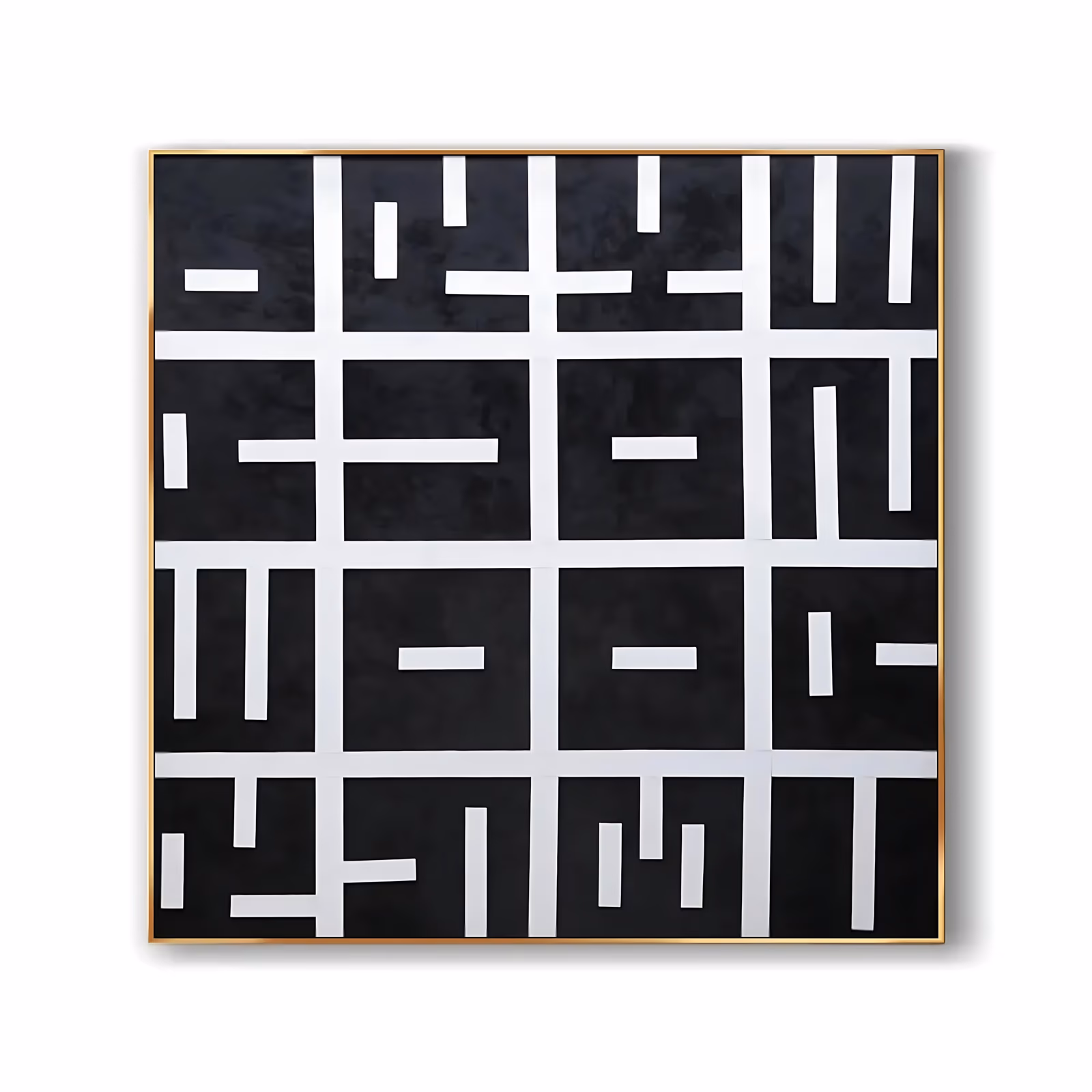 a large square abstract painting of a matte black ground divided by thin white lines into a four-by-four grid, with short white bars and dashes in each cell at different angles like a maze, in flat hand-painted oil