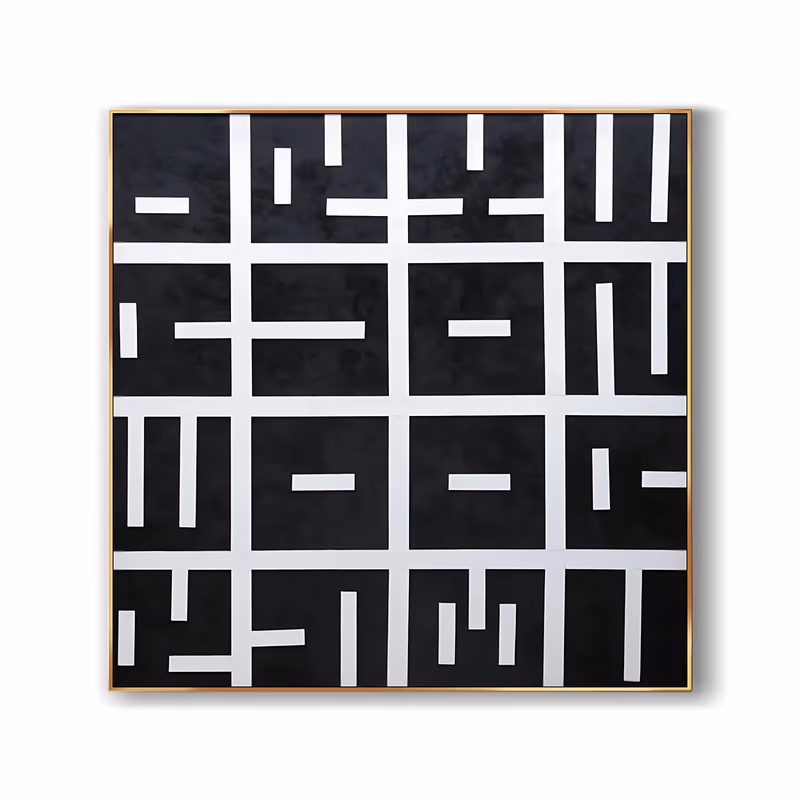 a large square abstract painting of a matte black ground divided by thin white lines into a four-by-four grid, with short white bars and dashes in each cell at different angles like a maze, in flat hand-painted oil