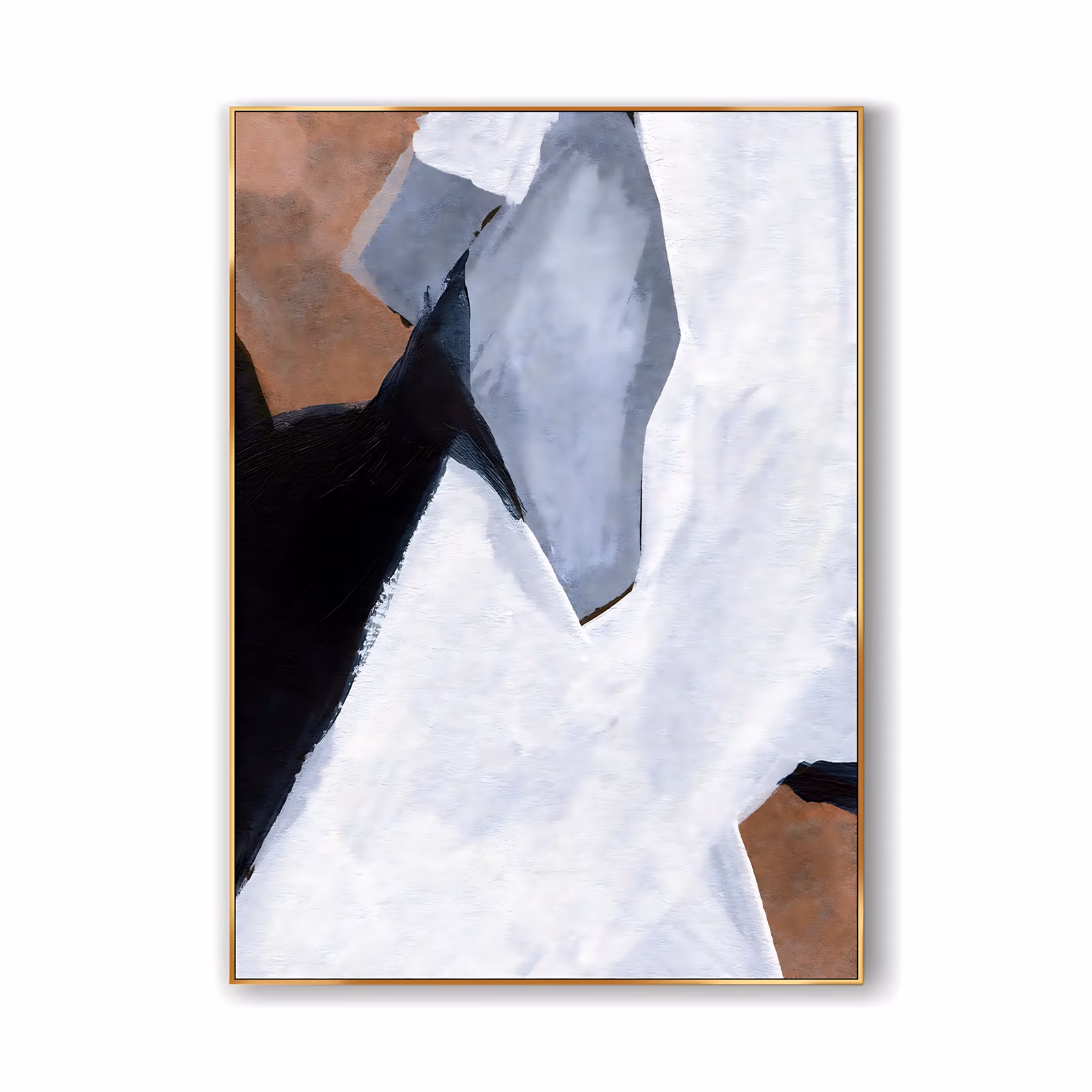 a large vertical minimalist painting of overlapping angular shapes, a black wedge and a gray facet meeting a broad white plane, with rust brown patches showing at the corners, in flat brushed acrylic