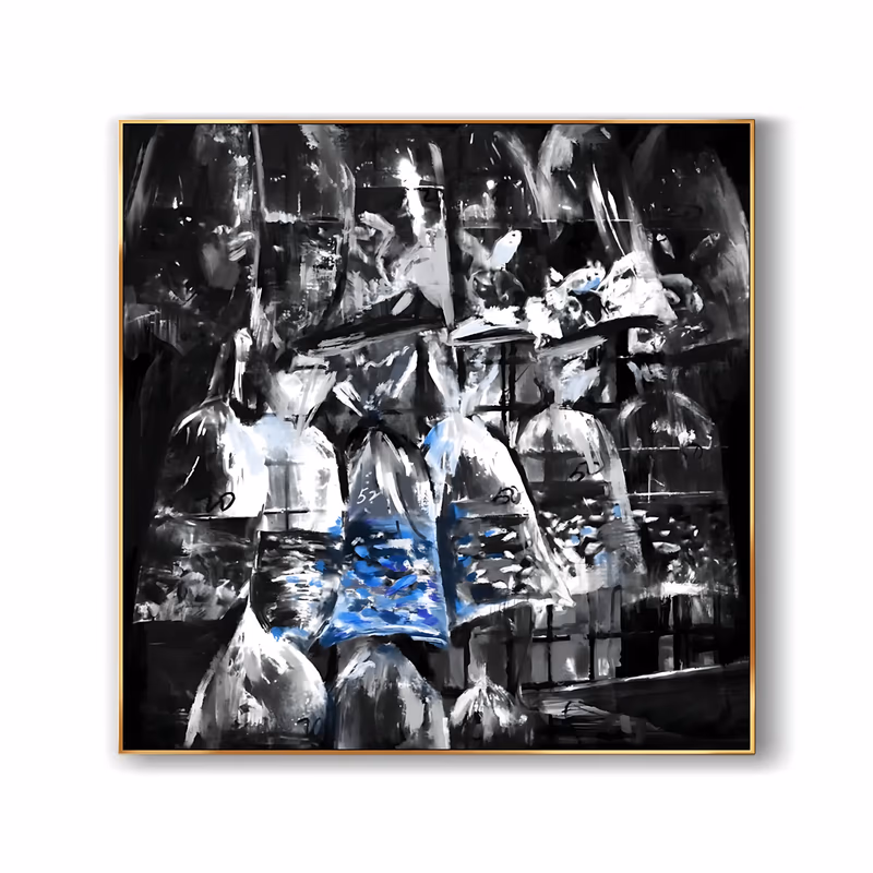 a square black and white painting of market fish knotted into clear plastic bags hanging in rows, one central bag washed with bright cobalt blue, in scraped and dragged acrylic