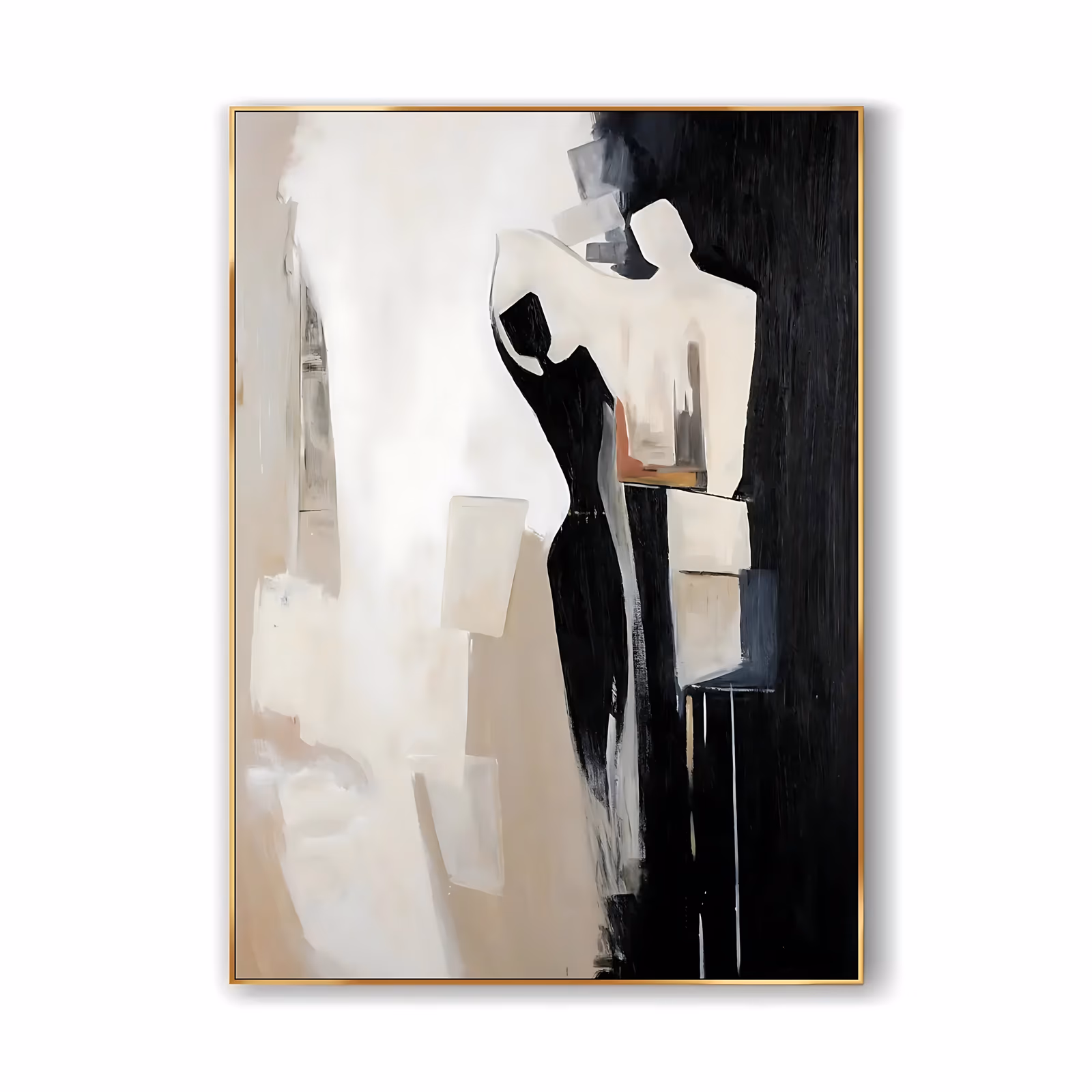 a large vertical figurative painting of two simplified human forms standing close together, cream shoulders and torsos against a black column of dress and a soft beige left half, in flat brushed oil