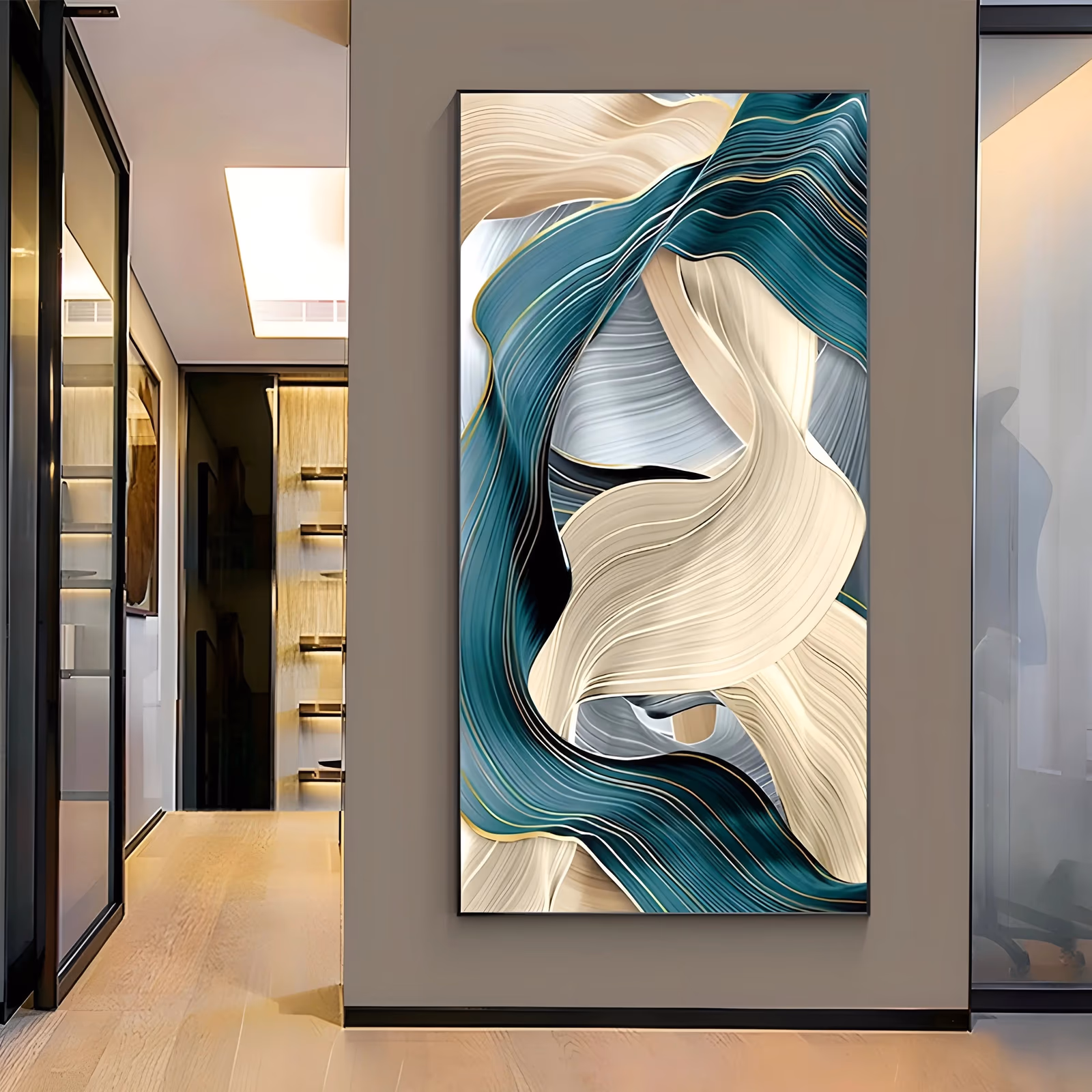 a tall vertical abstract painting of smooth interlocking ribbons in deep teal, cream and pale gray folding over one another down the canvas, edged with fine gold lines, in flat brushed acrylic