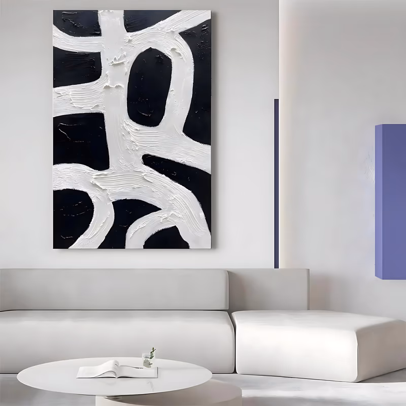 a large vertical abstract painting of thick white looping strokes curving over a matte black ground, the paint pushed on in wide ridged bands that hold visible tool marks and raised edges, in heavy impasto