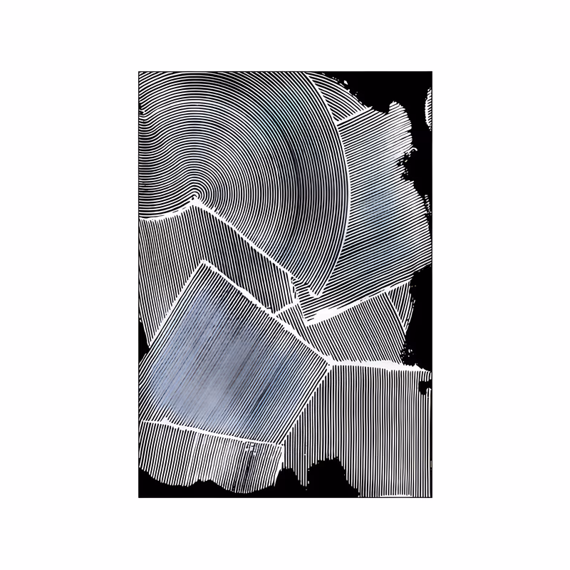 a large vertical abstract relief artwork of white combed concentric arcs at the upper left and straight-lined panels below and to the right, with faint gray-blue tints, on a black ground in raised combed texture