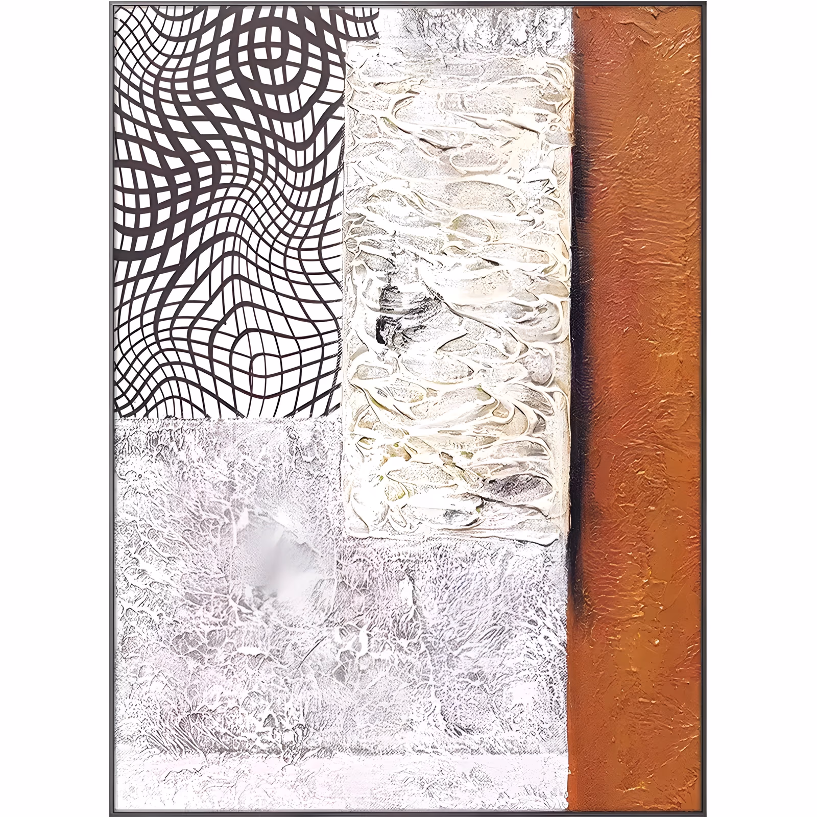 a large vertical mixed-media relief painting with a black wavy grid at the top left, a thick white plaster block down the center, a burnt rust column on the right and a mottled pale gray field below, in sculpted texture