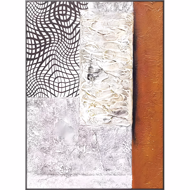a large vertical mixed-media relief painting with a black wavy grid at the top left, a thick white plaster block down the center, a burnt rust column on the right and a mottled pale gray field below, in sculpted texture