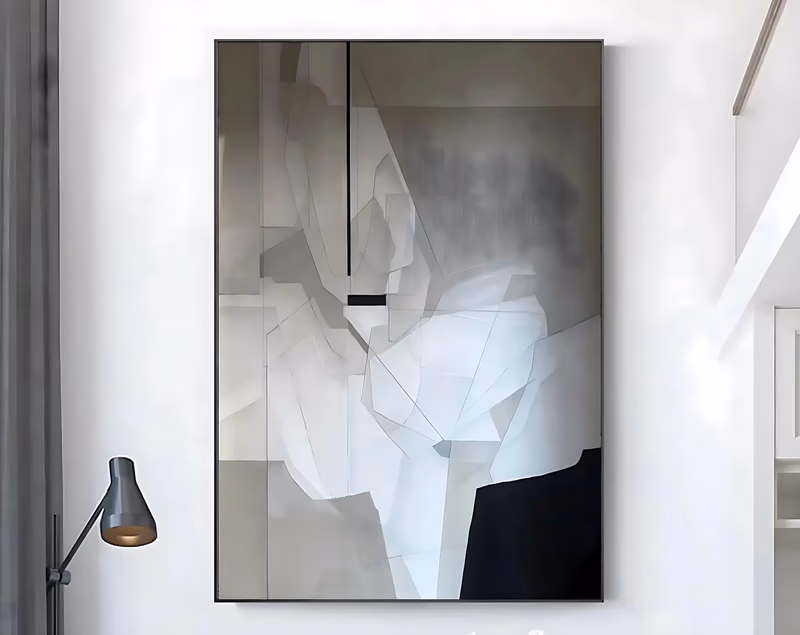 a large vertical abstract painting of overlapping faceted gray, white and taupe planes with fine drawn creases, a slim black bar at the top and a solid black wedge in the lower right corner, in smooth matte oil