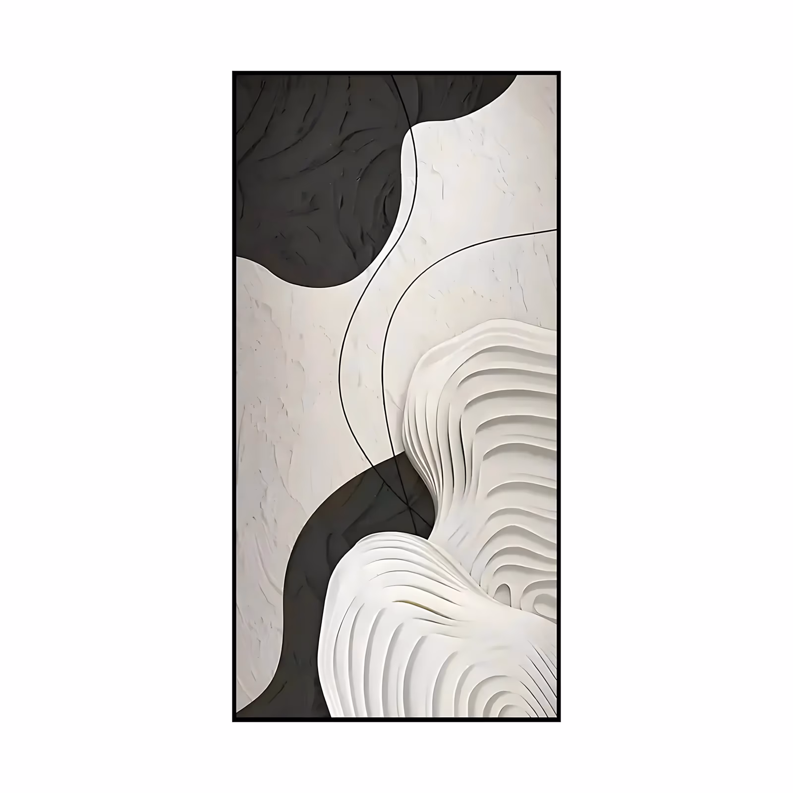 a tall vertical relief painting of two white ridged wave forms in the lower right, soft black plaster shapes at the top and bottom left, and thin black curved lines running between them