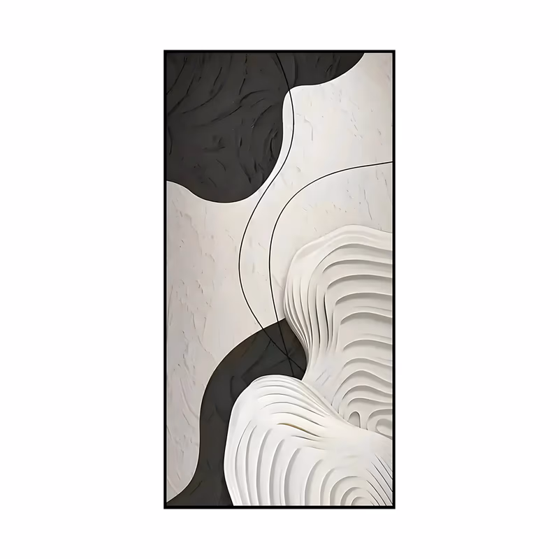 a tall vertical relief painting of two white ridged wave forms in the lower right, soft black plaster shapes at the top and bottom left, and thin black curved lines running between them