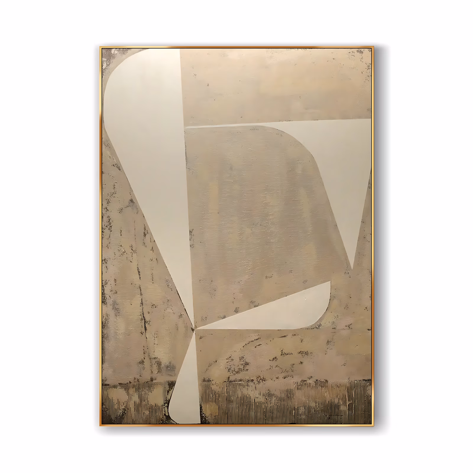 a large vertical minimalist painting of crisp cream geometric wedges and curves overlapping at the center of a distressed beige and taupe ground, with a combed band along the base, in dry matte paint