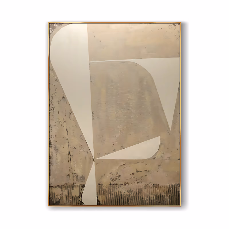 a large vertical minimalist painting of crisp cream geometric wedges and curves overlapping at the center of a distressed beige and taupe ground, with a combed band along the base, in dry matte paint