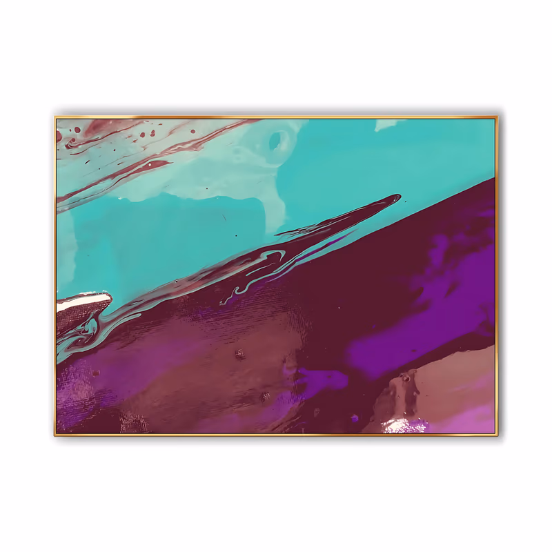 a large horizontal abstract painting of a bright turquoise field in the upper left meeting a poured diagonal of purple, magenta and deep plum in the lower right, in glossy fluid acrylic