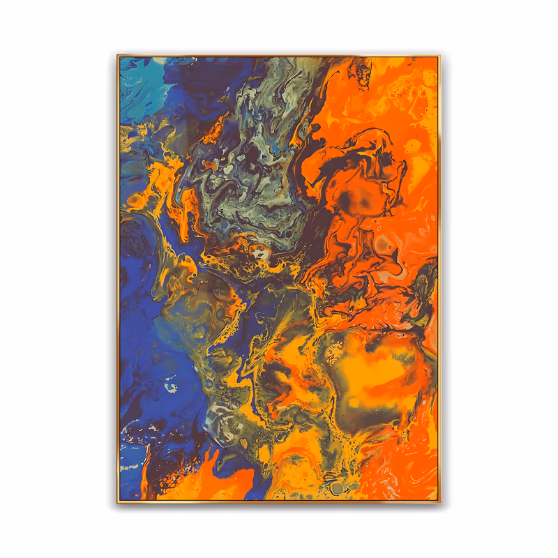 a large vertical abstract painting of dense marbled currents in molten orange, cobalt blue and olive green swirling together with fine black veining, in poured and blended fluid acrylic