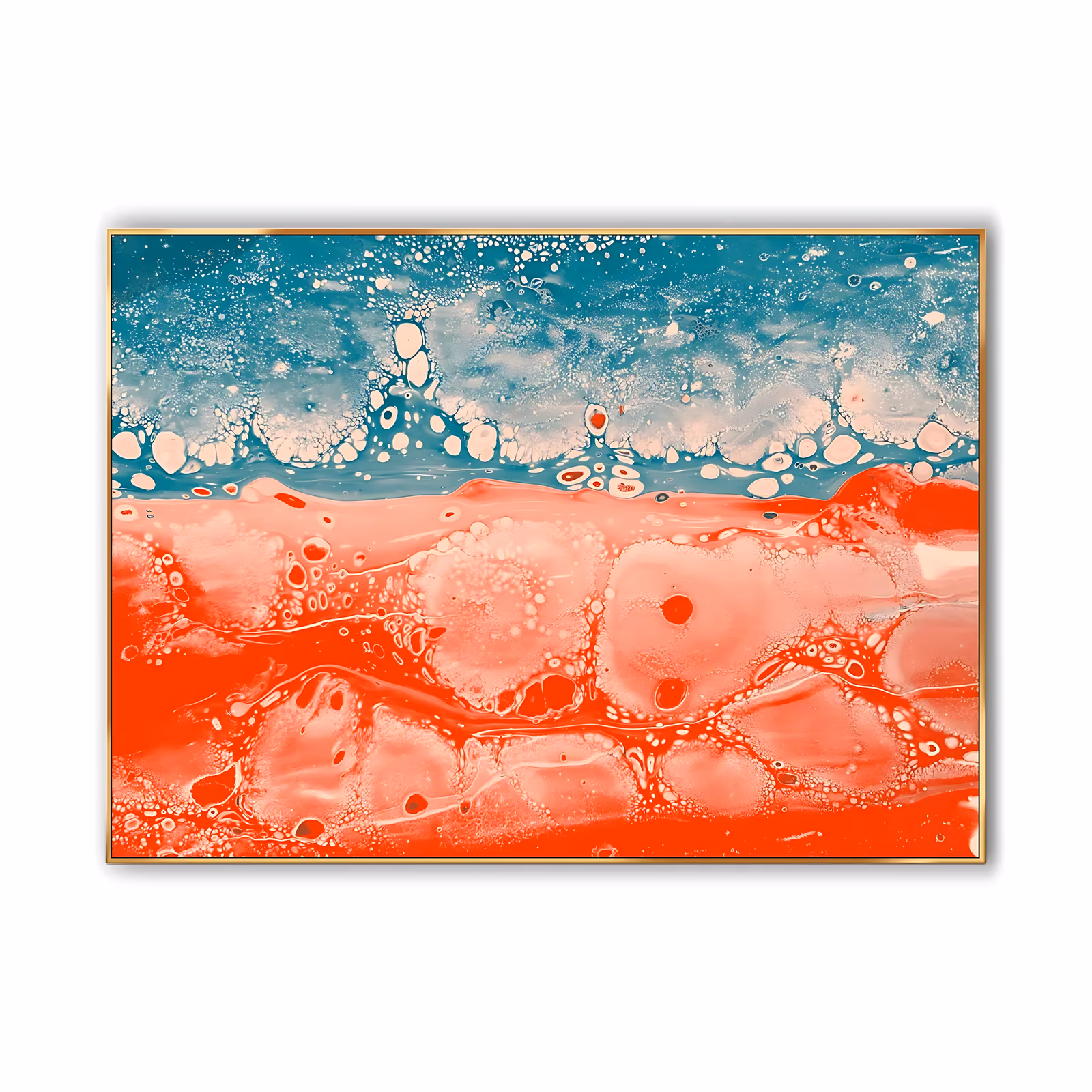 a horizontal abstract painting with a dark teal band along the top edge breaking into white foam cells above a lower field of coral red and pink bubbles, in poured acrylic