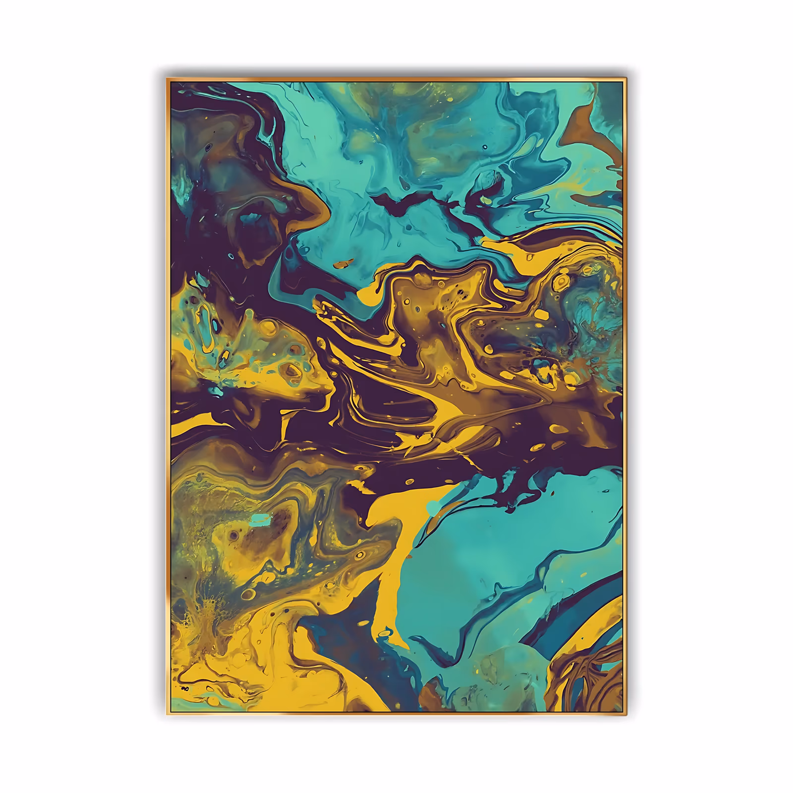 a large vertical abstract painting of poured marbling in turquoise, mustard yellow and deep plum, folding through the whole canvas in tight ribbons and eddies, painted in glossy flat acrylic
