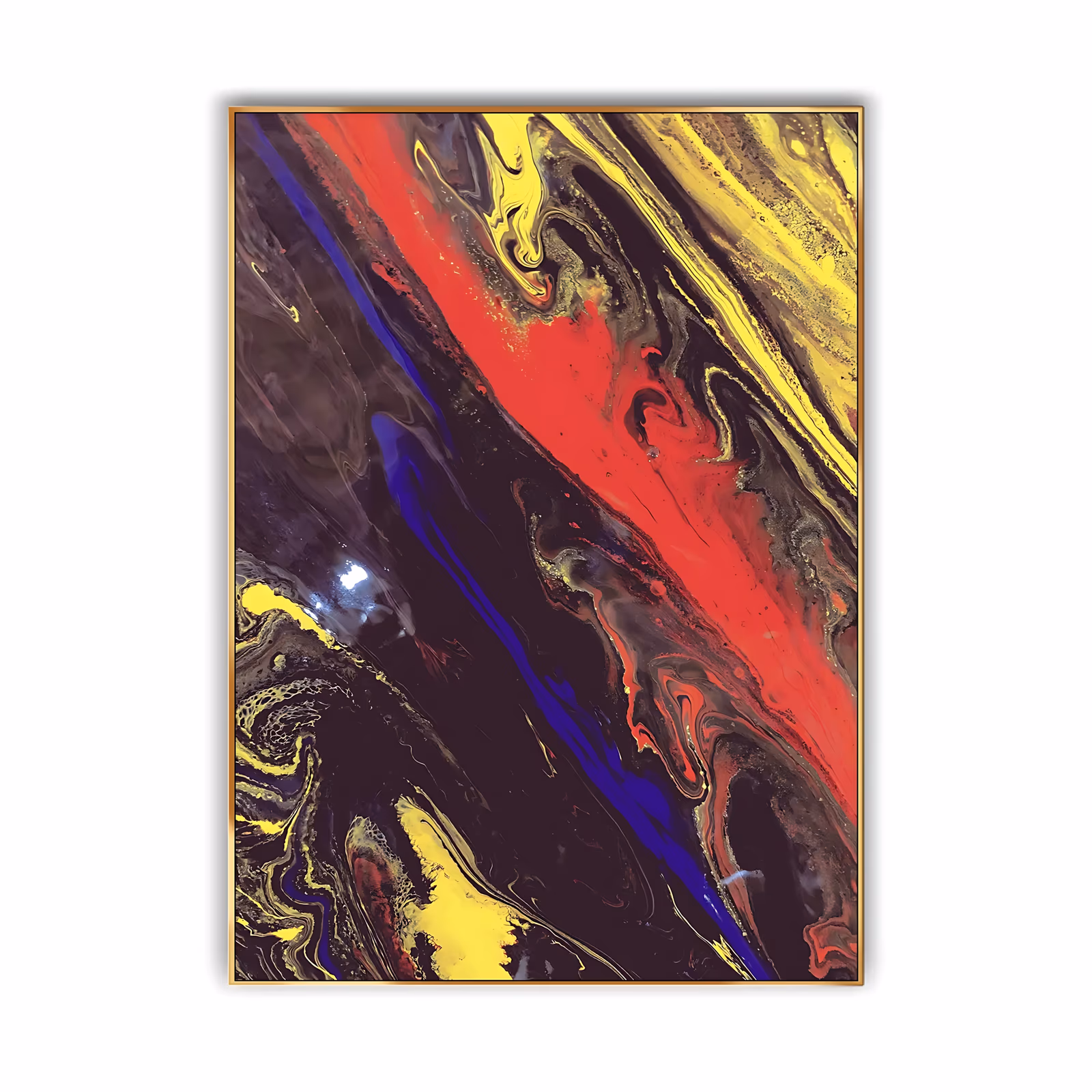 a large vertical fluid pour painting with a wide scarlet river running on the diagonal through dark plum and black, edged by gold yellow marbling and one deep cobalt blue vein, in glossy poured acrylic