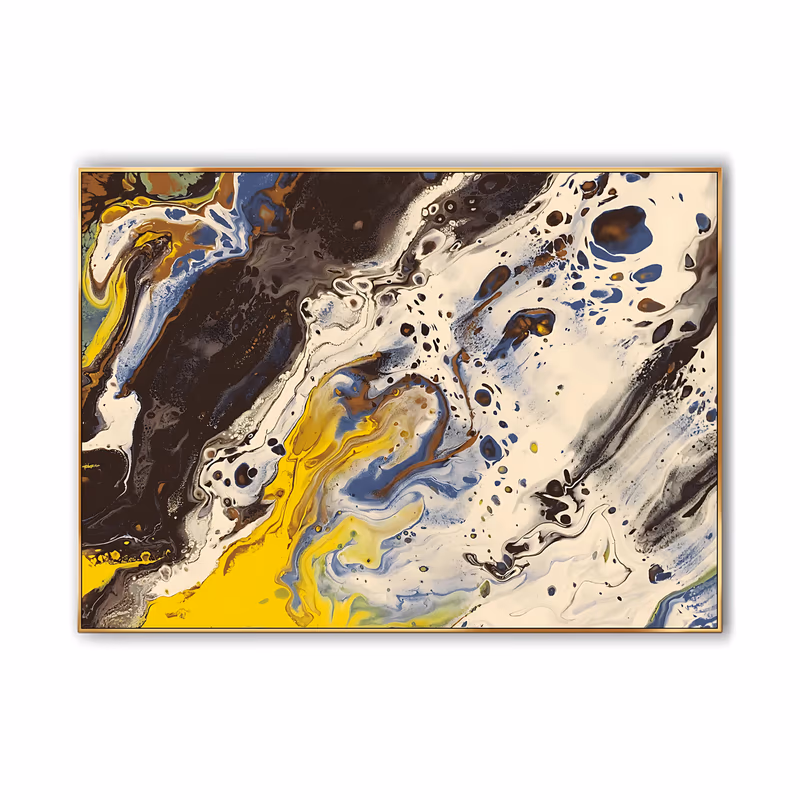 a wide horizontal abstract painting of poured and marbled paint, with black and white ribbons swirling around a bright yellow pool at the lower left, copper-brown cells dotting the darker areas, in glossy fluid acrylic