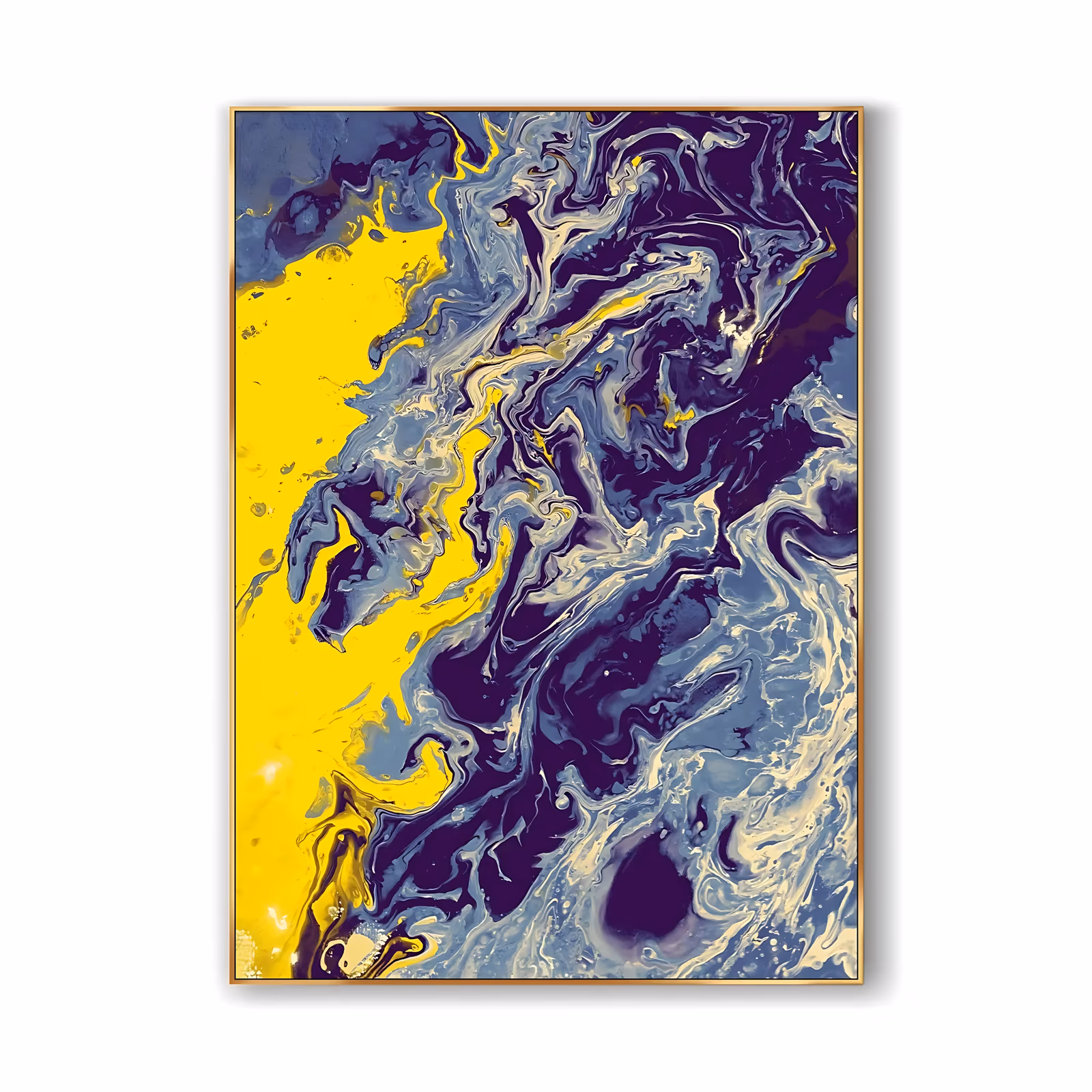 a large vertical abstract painting of navy, cream and steel blue marbled currents swirling down the right two-thirds of the canvas against a flat lemon yellow field on the left, in poured acrylic