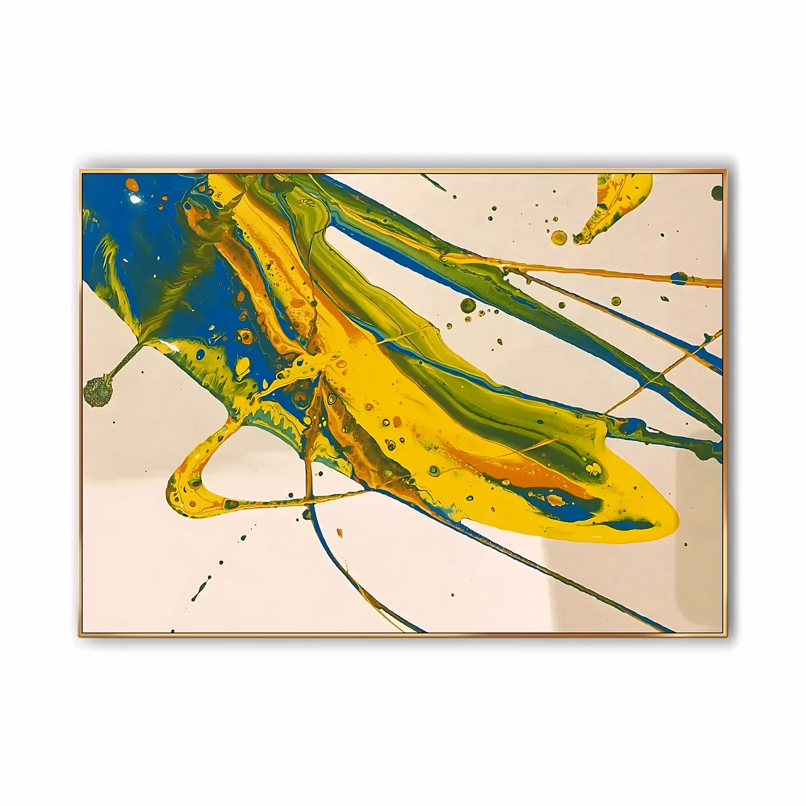 a large horizontal abstract painting of a poured yellow, blue and green paint splash running through the lower left, with thin flung threads and small droplets on a cream ground, in glossy fluid acrylic