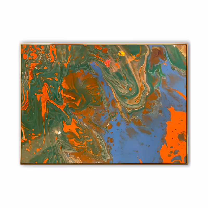 a large horizontal abstract painting of marbled swirls in bright orange, forest green, copper brown and soft blue, the colors folding into feathered veins with a wide blue pool at lower right, in poured acrylic