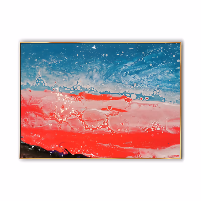 a large horizontal fluid pour painting with a deep teal blue band along the top edge dissolving into red, coral and pink foam speckled with white cell bubbles, in glossy poured acrylic
