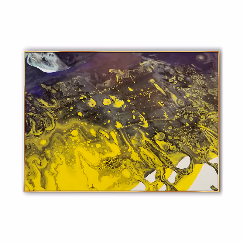 a large horizontal abstract painting of poured yellow, deep purple and black paint marbled into cells and bubbles, with the yellow running down into bare white canvas at the lower right, in glossy fluid acrylic