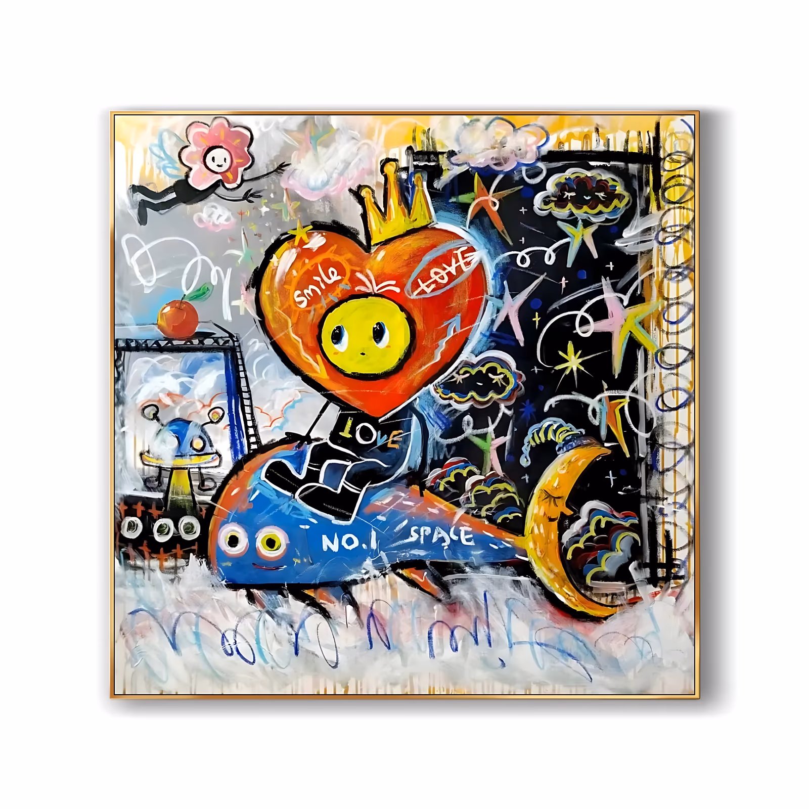 a large square graffiti painting of a grinning crowned red heart character with a yellow face riding a blue rocket, ringed by stars, a crescent moon, scribbled clouds and hand-lettered love and space text