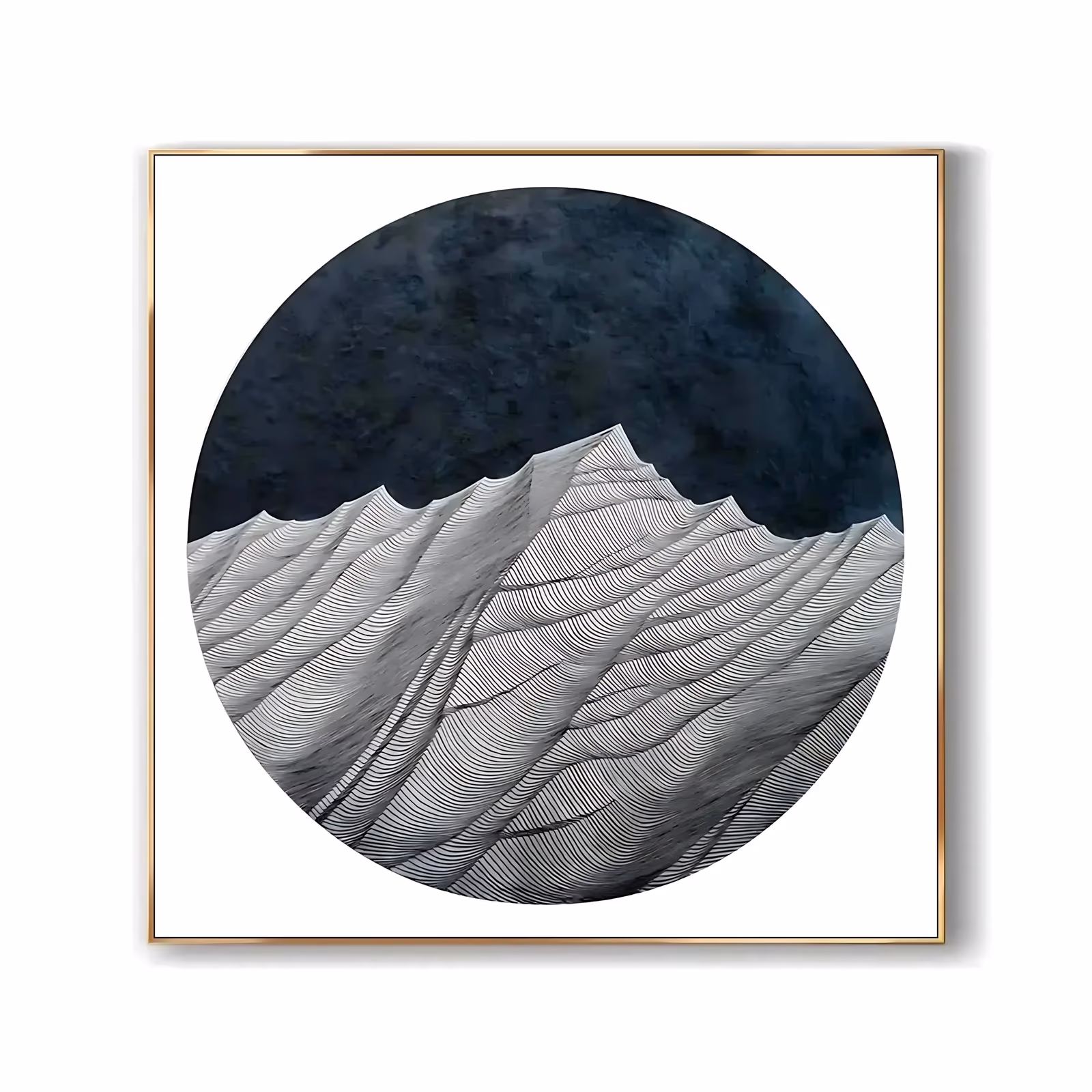 a large square textured painting with a circular tondo of finely combed silver-gray ridges rising like mountain slopes below a mottled charcoal navy sky, built up in raised plaster relief