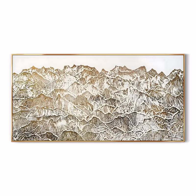 an oversized panoramic textured wall art of a carved mountain range, dozens of jagged gold, olive and gray peaks layered in ridges below an open white sky, sculpted in deep plaster relief
