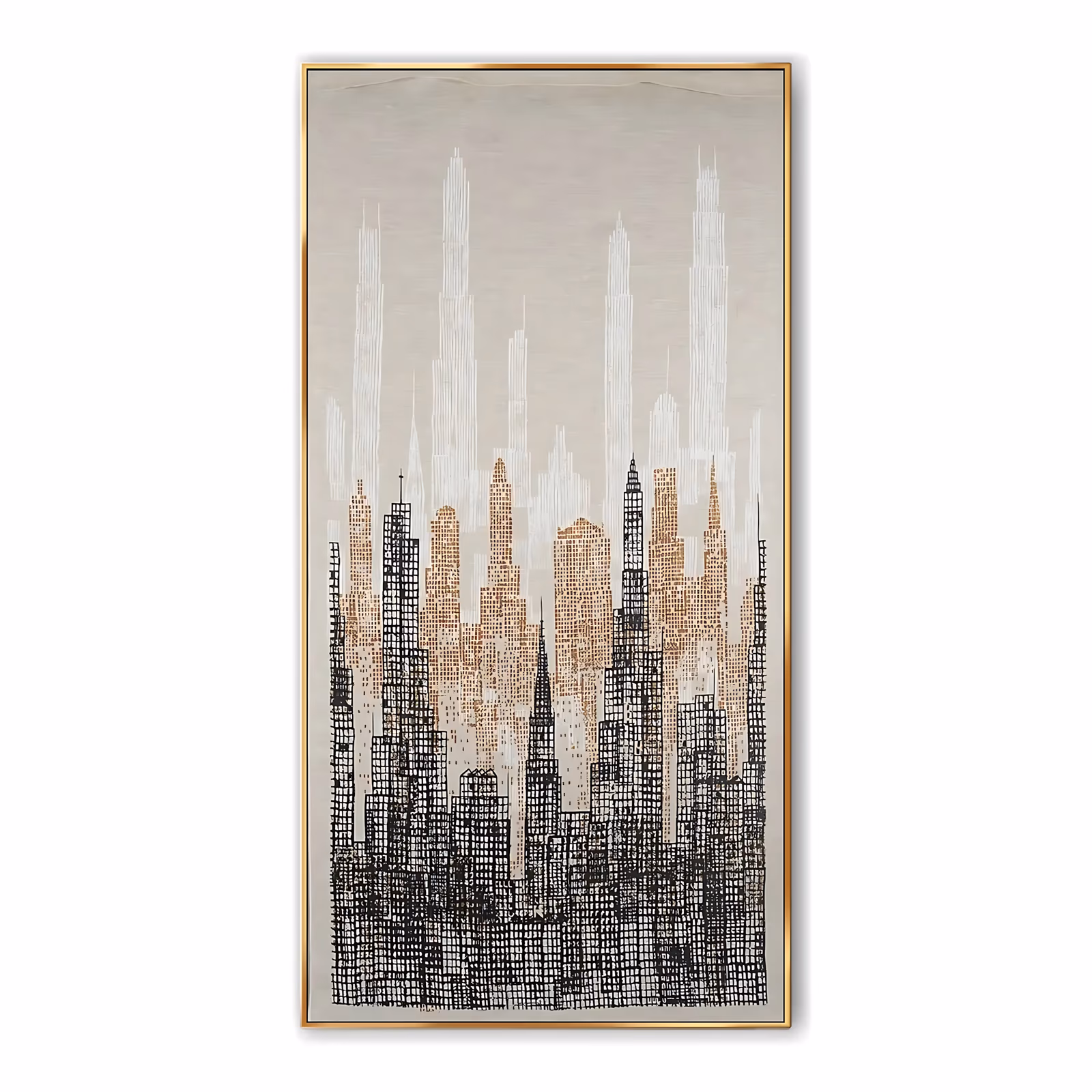a tall narrow vertical cityscape painting of a dense skyline drawn in fine black and rust ink lines, pale white towers rising behind the darker blocks on a natural beige linen ground, in thin hand-painted line work