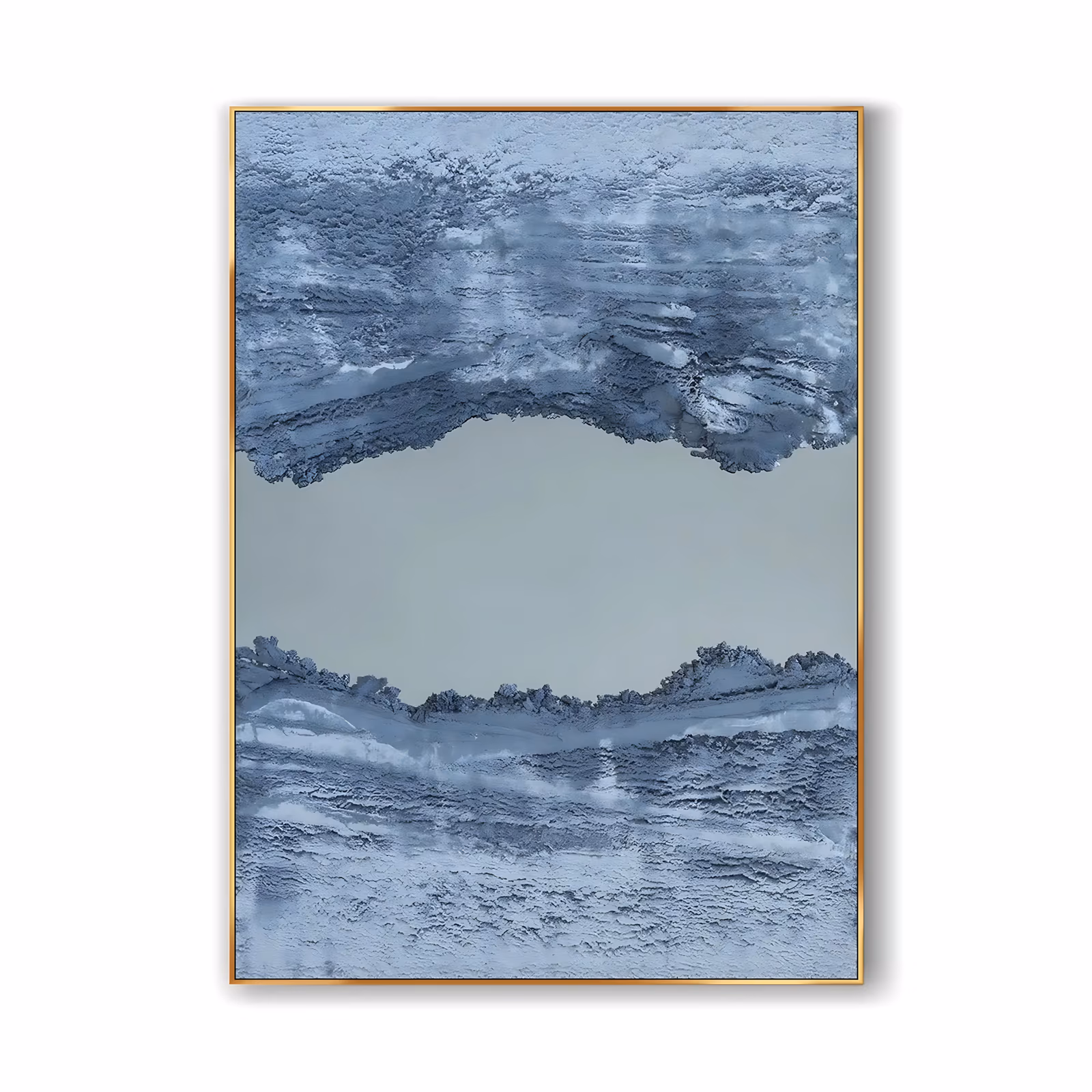 a large vertical textured painting of heavily built slate blue rock strata along the top and bottom edges, parting to reveal a smooth pale sage gap at the center, in sand-thick sculpted relief
