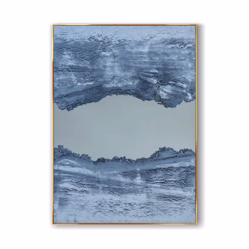 a large vertical textured painting of heavily built slate blue rock strata along the top and bottom edges, parting to reveal a smooth pale sage gap at the center, in sand-thick sculpted relief