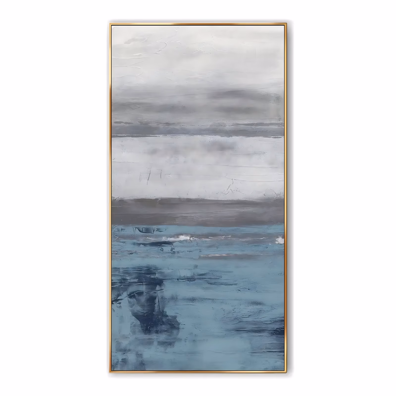 a tall vertical wabi-sabi painting of a pale gray weathered sky over bands of teal blue water, with white flecks near the horizon line, built up in troweled plaster-like impasto
