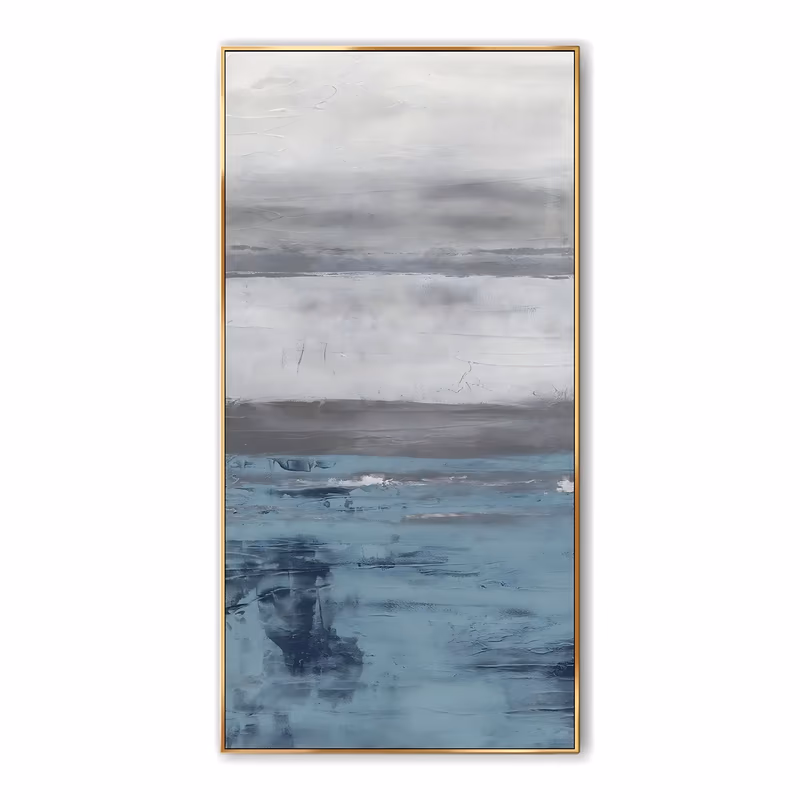 a tall vertical wabi-sabi painting of a pale gray weathered sky over bands of teal blue water, with white flecks near the horizon line, built up in troweled plaster-like impasto