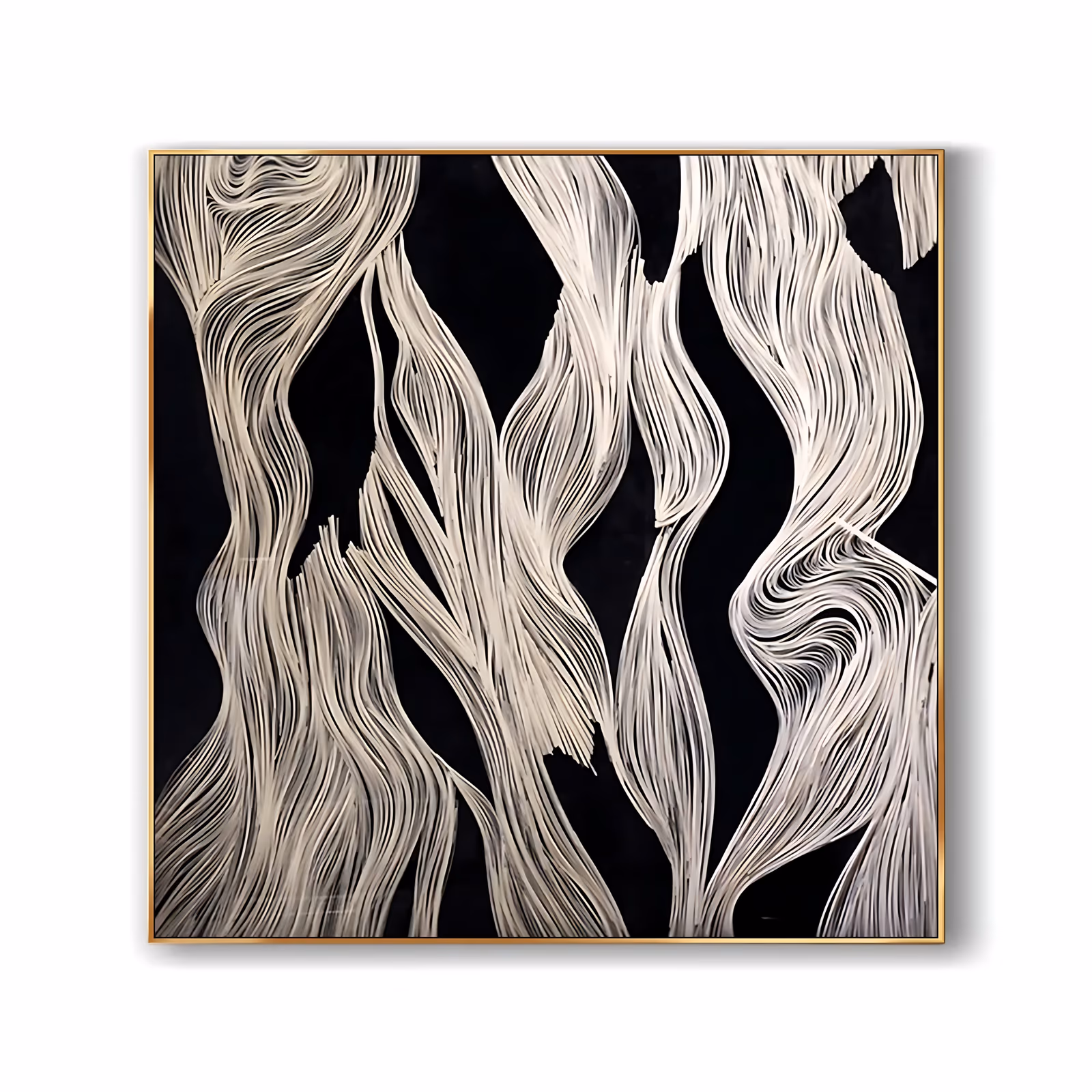 a large square textured canvas of tall cream plaster ribbons twisting up a black ground, each ribbon combed into fine parallel grooves so the raised edges catch light like folded fabric