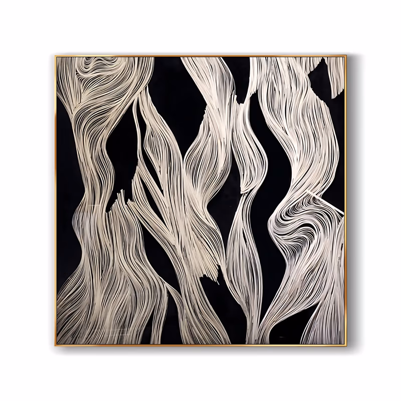 a large square textured canvas of tall cream plaster ribbons twisting up a black ground, each ribbon combed into fine parallel grooves so the raised edges catch light like folded fabric