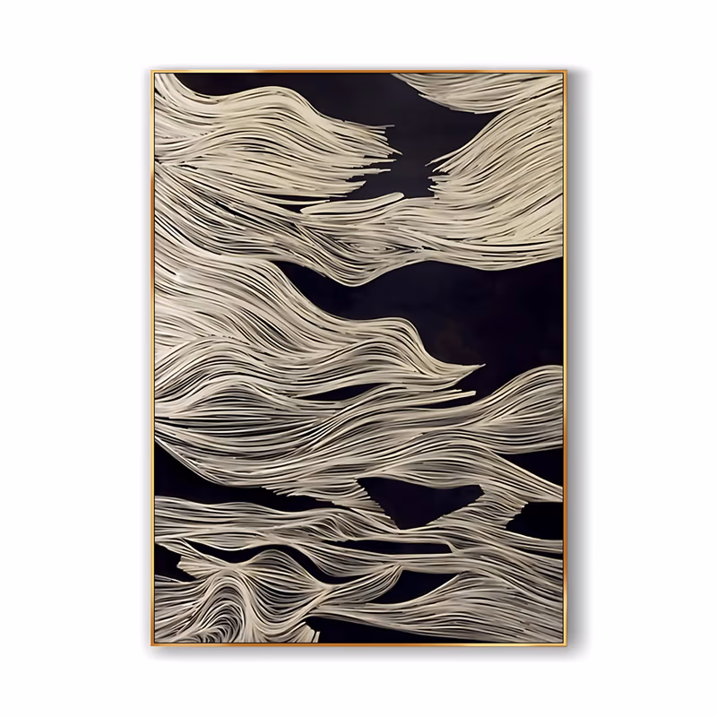 a large vertical textured canvas of cream plaster combed into fine parallel lines that roll in wave-like bands over a deep black ground, the crests overlapping down the panel