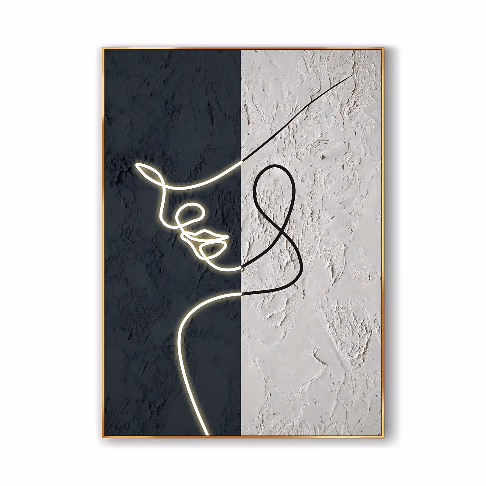 a large vertical plaster relief painting split into a dark charcoal half and an off-white half, with one continuous line drawing a woman's profile, glowing white on the dark side and black on the pale side