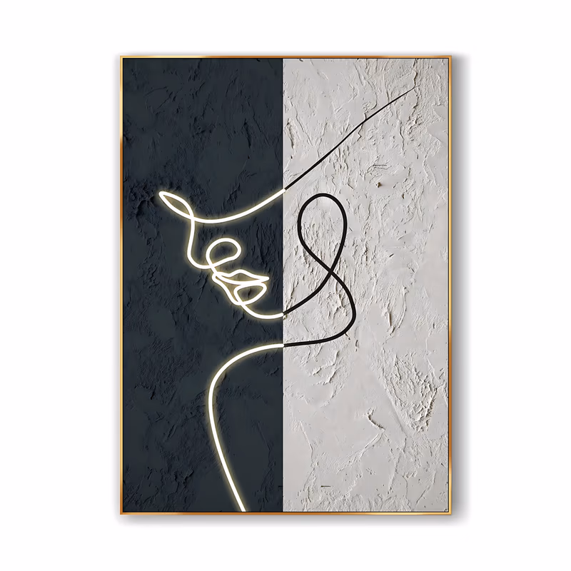 a large vertical plaster relief painting split into a dark charcoal half and an off-white half, with one continuous line drawing a woman's profile, glowing white on the dark side and black on the pale side