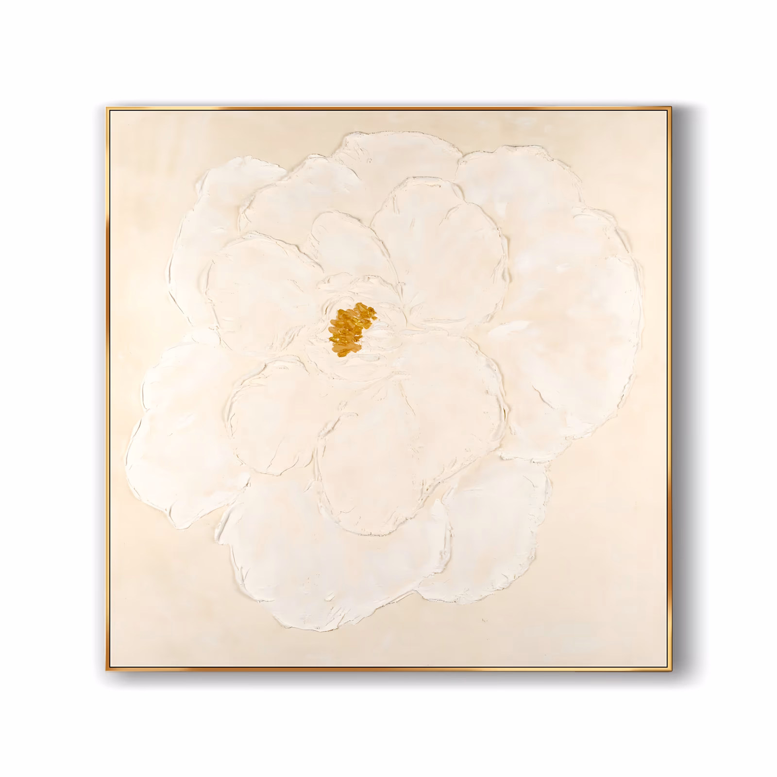 a large square plaster relief painting of one open white flower with broad rounded petals filling the frame, its small gold-leaf center at the middle, on a soft cream ground in thick sculpted texture