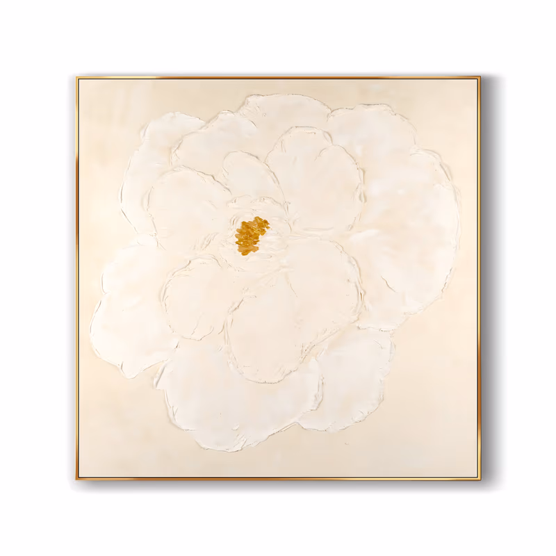a large square plaster relief painting of one open white flower with broad rounded petals filling the frame, its small gold-leaf center at the middle, on a soft cream ground in thick sculpted texture