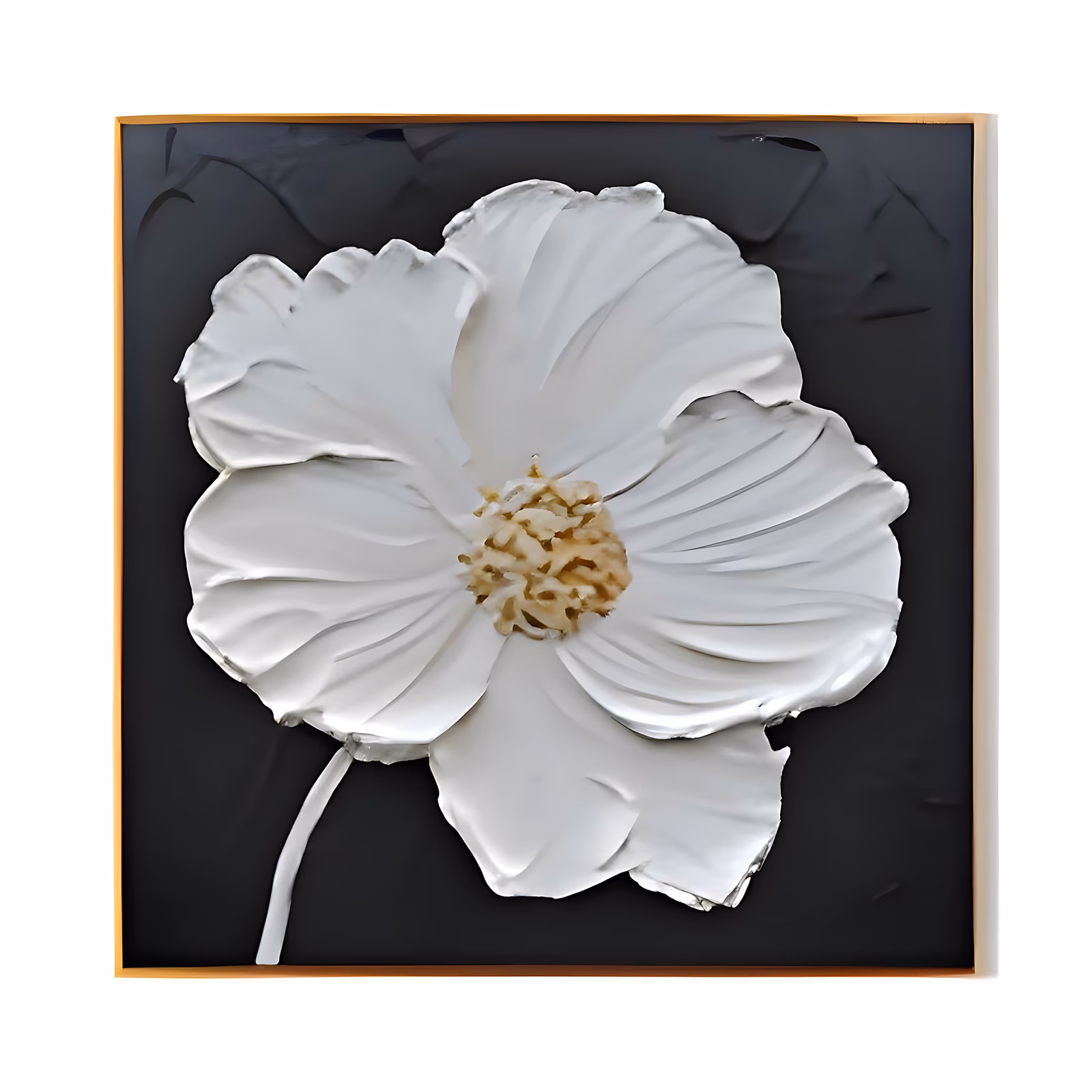 a large square relief painting of one white sculpted flower with wide overlapping petals and a pale gold seeded center, its thin stem trailing to the lower left, on a matte black ground in thick plaster