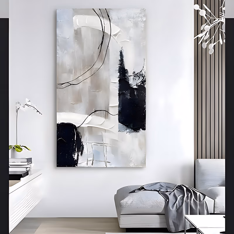 a tall vertical abstract painting of thick white plaster sweeps, two deep black patches and thin curved black lines over a soft gray and cream ground, in palette-knife acrylic