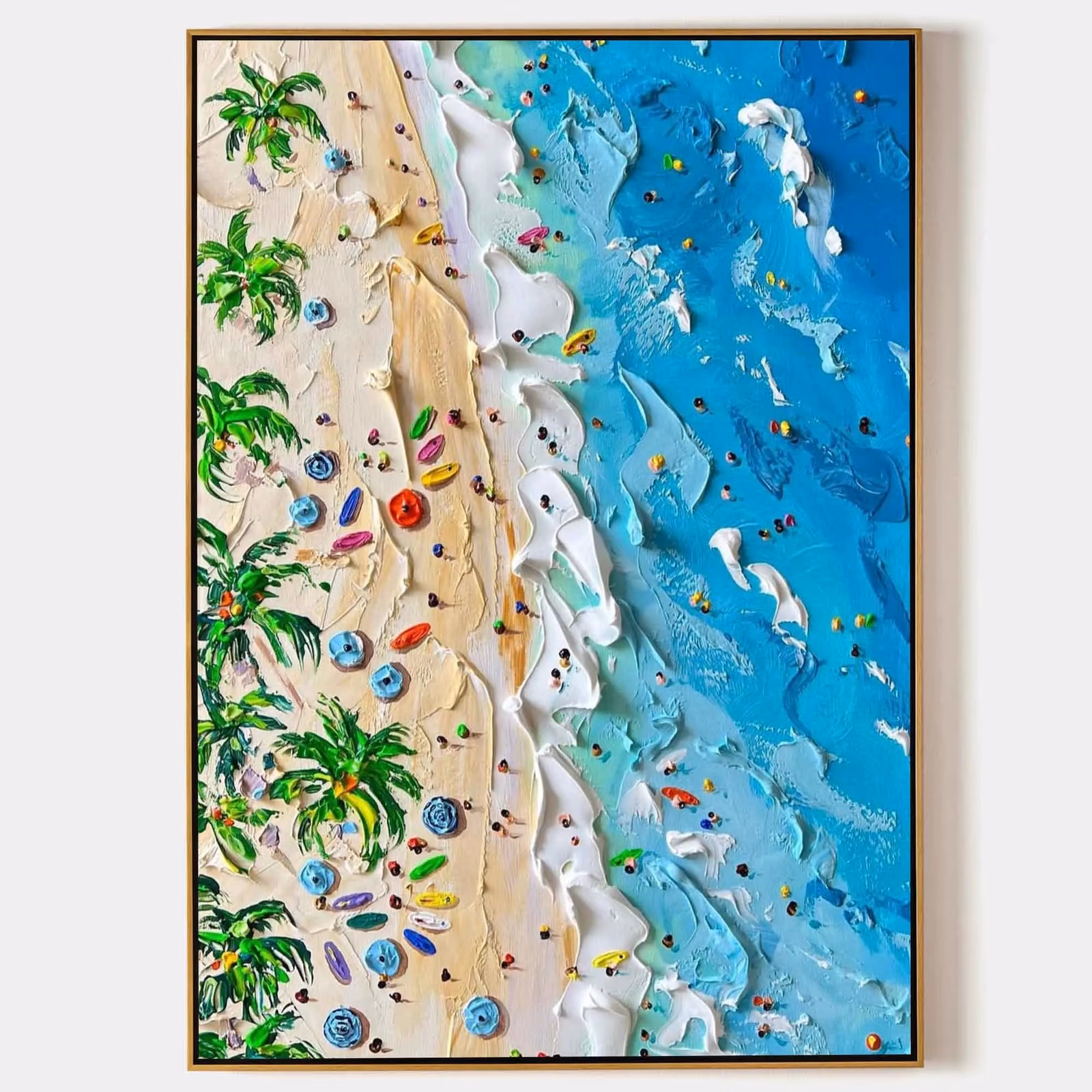 a large vertical textured painting seen from above of a beach with green palm trees along the left edge, multicolored umbrellas on pale sand and sculpted white surf meeting bright blue water, in thick palette-knife oil