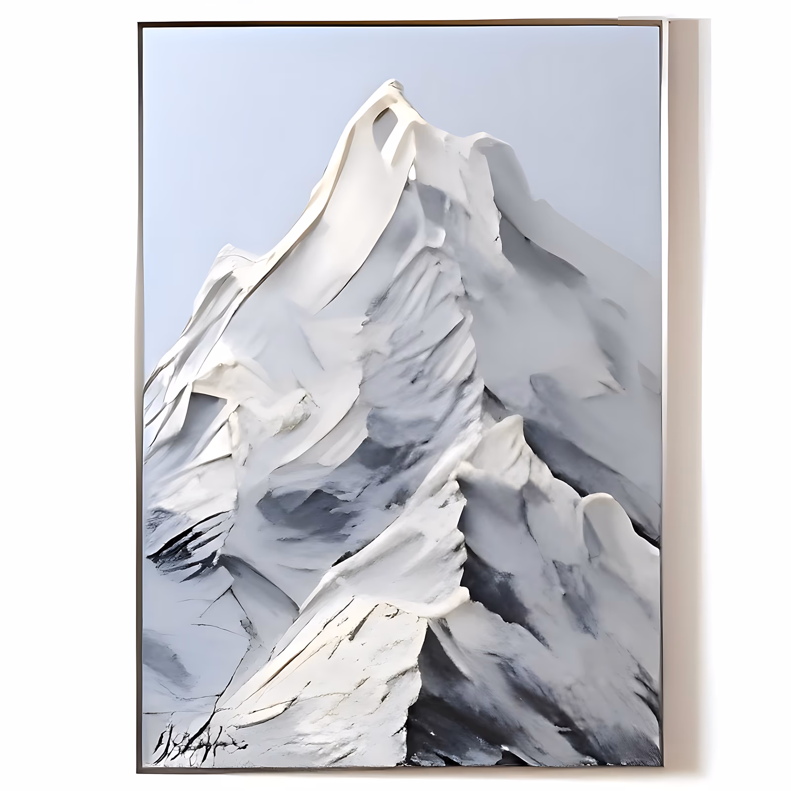 a tall vertical plaster relief painting of a single white snow-covered mountain peak filling most of the frame, its ridges and gullies sculpted in thick raised paste against a flat pale blue-gray sky